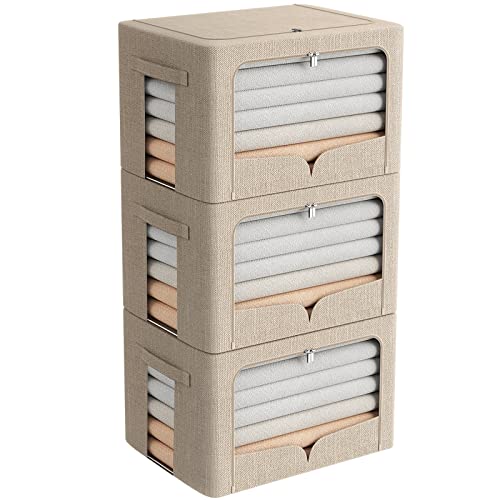 FHSQX 3 Pack Clothes Storage Bins Foldable Metal Frame Storage Box Stackable Linen Fabric Organizer Set with Carrying Handles and Clear Window (Beige, 15.7x11.8x11.8inch(36L)) - color: Beige, size: 15.7x11.8x11.8inch(36L)