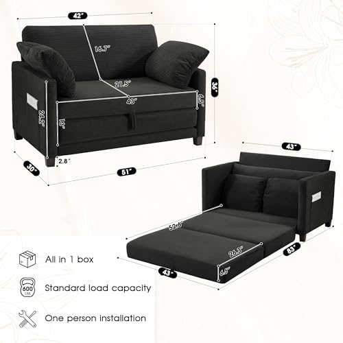 Myroyalsit 51" Convertible Loveseat Sofa Bed, 2-in-1 Folding Sofa Bed with 2 Pillow for Small Spaces, Modern Loveseat Sleeper Couch for Apartment, Living Room & Guest Room (Black Corduroy, 51 inch) - color: Black Corduroy, size: 51 inch