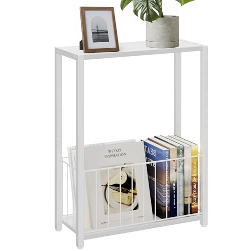 Homleke Narrow Side Table with Magazine Holder, Skinny End Table | Space-Saving Design, Small Spaces, Storage Shelf, Metal Frame, Easy Assembly, 7.1" D x 16.9" W x 23.6" H, White - color: White - Standard