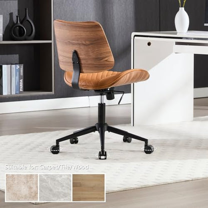 Home Office Chair No Arms with Wheels, Mid Back Walnut Style, Brown | Adjustable Height PU Leather Mid Back Support, 360 Swivel Computer Small Desk Seat, Armless Walnut Office Chair, 300LBS Cap - color: Brown, size: MCM Style
