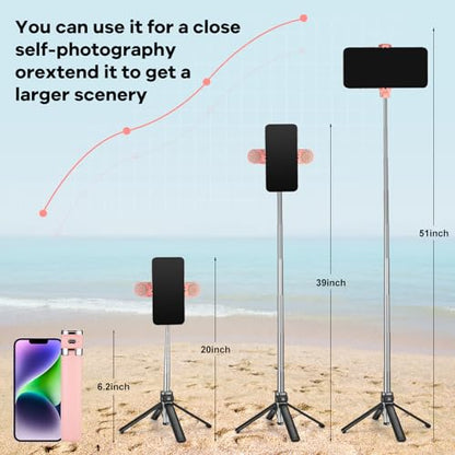 Mini Phone Tripod Stand,MQOUNY 38" Phone Tripod &Selfie Stick with Wireless Rechargeable Remote & Removable Light, Extendable Tripod Stand 360 Rotation Compatible with Phone&Android (MEI-Pink) - color: MEI-Pink