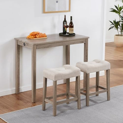 DUHOME 3 Piece Bar Table Set,Dining Bar Table and 2 Chairs Set with Charging Station Industrial Breakfast Table with 2 Padded Stools Rustic Bar Kitchen Dinning Room Living Room Cream