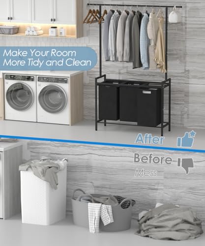Large Laundry Hamper with Clothes Rack Hanging Bar, 10 x 3 Gal Pull-Out & Removable Sorter Bags, Freestanding Laundry Basket Organizer for Bathroom, Bedroom and Laundry Room, Black