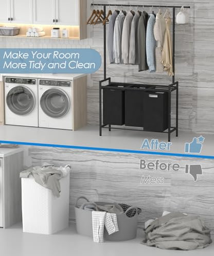 Large Laundry Hamper with Clothes Rack Hanging Bar, 10 x 3 Gal Pull-Out & Removable Sorter Bags, Freestanding Laundry Basket Organizer for Bathroom, Bedroom and Laundry Room, Black