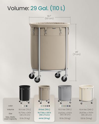 SONGMICS Laundry Basket, Rolling Steel Frame with 2 Locking Wheels, 110 L | Heavy-Duty Laundry Hamper Cart with Removable Bag, Camel Brown and Metallic Silver, URLS002N01 - color: Camel Brown + Metallic Silver, size: 110 L (1-Section)
