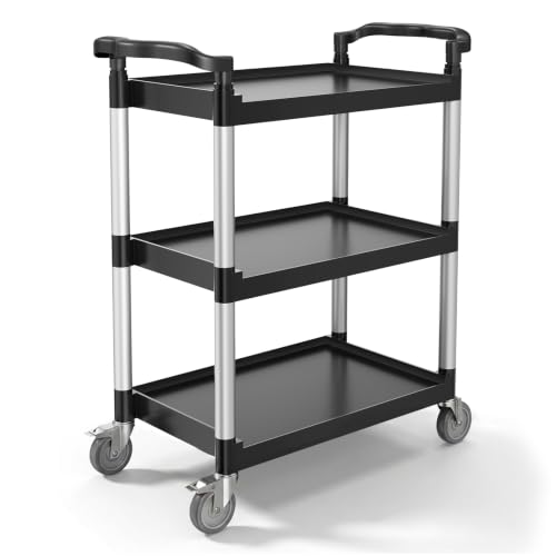 VEVOR Utility Cart, 300 lbs Load Capacity, 3-Tier Utility Plastic Cart with 360° Swivel Wheels (2 with Brakes), 24.4 x 16.1-inch Food Service Cart for Warehouse, Office, Home, Restaurant, Kitchen | Utility Cart Equipped with Brake Casters, Multi-Purpose S