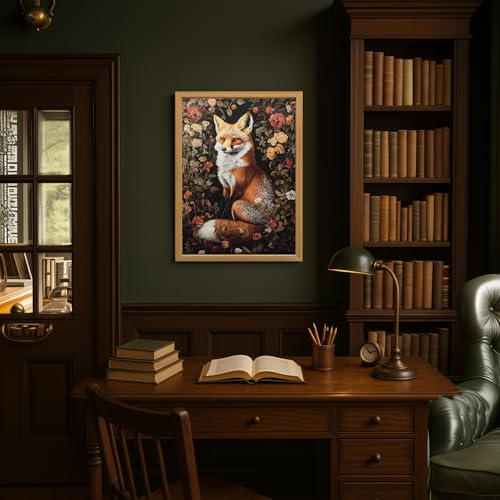 LLEEMPI William Morris Fox Floral Wall Art, 16x24 Wood Framed Print | Vintage fox and floral botanical art for living room, bedroom or hallway; nature-inspired woodland decor for animal lovers. - color: Fox, size: 24"L x 16"W