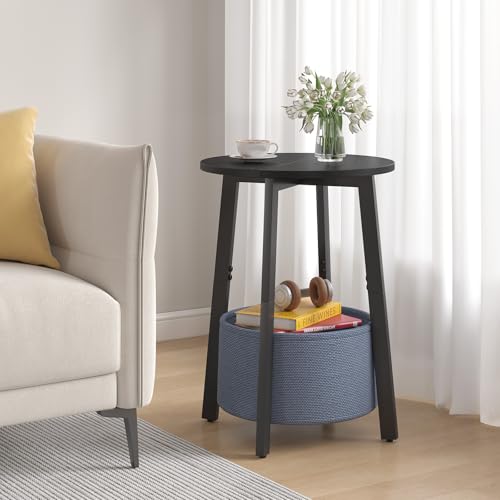 sthmec Small Round Side End Table with Cloth Storage Basket, Round Bedside Sofa Couch Coffee Tables for Small Places with Metal Frame, Modern Nighstands for Living Room Bedroom, Black - color: Black