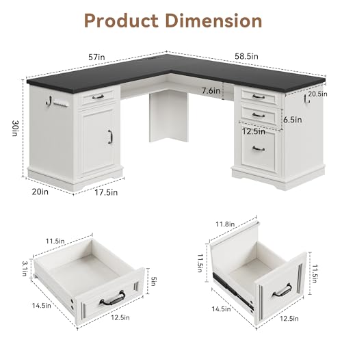 Farmhouse L Shaped Executive Desk with 4 Drawers, Home Office Desk with Hidden Under-Desk Storage Shelf and Charging Station, File Cabinet Storage, Wood Corner Computer Desk for Work(White+Black) - color: White+black