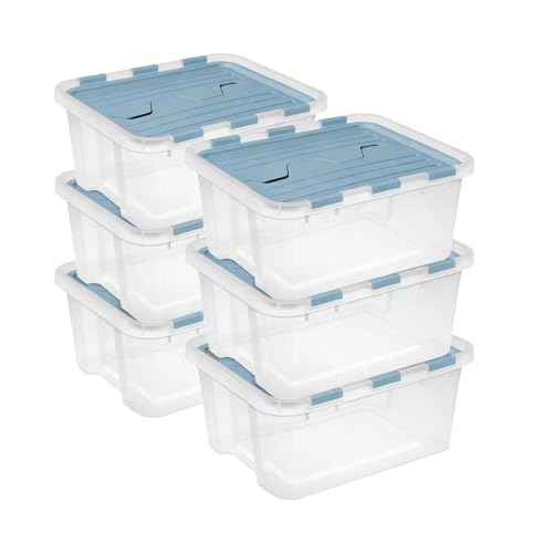 Sterilite Hinged Lid Storage Box Plastic Container, 20 Quart, 6-Pack | Washed Blue - Home Organizer Tote for Storing Shoes, Crafts, Clothing, or Decor - size: 20 Quart