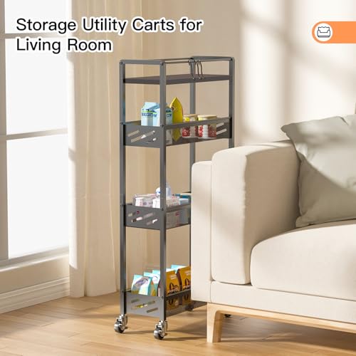 DGSNADGO Slim Rolling Storage Cart, 4-Tier Narrow Kitchen Cart with Wheels | Skinny Rolling Cart, Metal Mobile Snack Shelving, Rolling Spice Rack for Small Space in Kitchen, Living Room,Bathroom, Black - color: Black