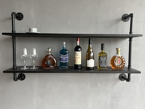 HDDFER Floating Bookshelf Shelves Industrial Pipe Shelving Pipe Shelves Rustic Wall Shelf 48 Inch Farmhouse Book Shelves for Wall Mounted - color: Black, size: 2Tier48in