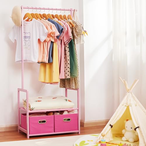 Bamboo Kids Clothing Rack: Holds Up To 121 Lbs of Dress-Up Clothes | 2 Adjustable Hanging Rods & 2 Storage Baskets With Shelf - Child Garment Holder for Playroom & Toddler Bedroom (Pink) - color: Pink