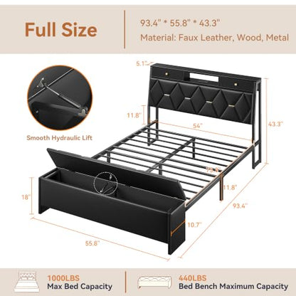 FreeHouse Full Size Bed Frame with Headboard & Storage, All Metal Structure | PU Leather Upholstered Bed Frame Full Size with Charging Station, Diamond Tufted, Gold Accents, No Box Spring Needed, Black - color: Black, size: Full
