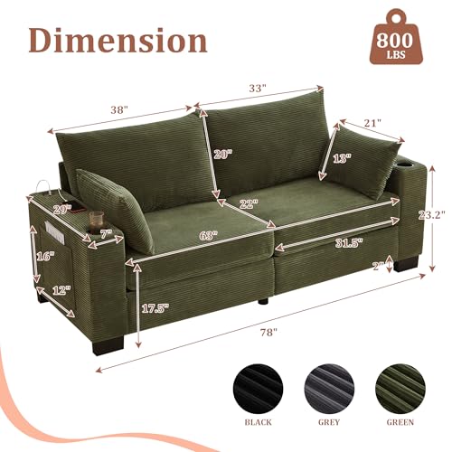 78" Cloud Loveseat Sofa, Modern 2 Seater Loveseat Couch with Dual Cup Holders & USB Charging Ports, Comfy Corduroy Upholstered Sofa with Side Storage Pockets for Apartment - color: Green