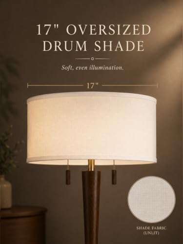 MOFFE Solid Wood Floor Lamp for Living Room,Pull Chains Standing Lamp | 62.8" Tall,17" White Drum Shade,Sculptural Wood Base & Stem,2-Light Design,Standing Lamp for Bedroom,2 Bulbs Included - color: Espresso Walnut