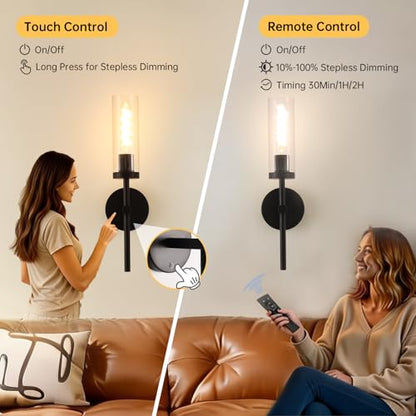 Shenmoyl Battery Operated Wall Sconces Set of 2, Black Rechargeable Wall Lighting Fixtures, Dimmable Wall Lights with Remote & Clear Glass Shade for Living Room, Bathroom,Bedroom - color: Black - Clear Glass