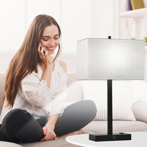 21" Touch Bedside lamps with 2 USB & AC Outlets, 3-Way Dimmable Bedside Table Lamps Set of 2 for Bedroom Living Room Office Reading, Gray Shade Lamps for Night Stands, 5000K LED Bulbs Included - color: (2 Pack)Gray Linen & Matte Black(Base)-5000K Bulbs In