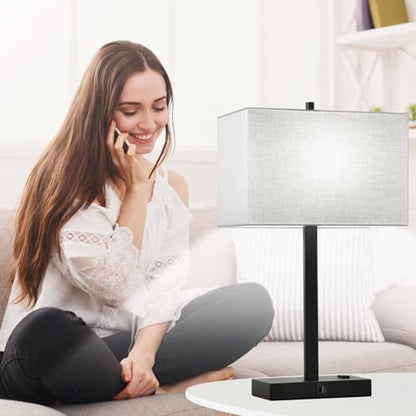 21" Touch Bedside lamps with 2 USB & AC Outlets, 3-Way Dimmable Bedside Table Lamps Set of 2 for Bedroom Living Room Office Reading, Gray Shade Lamps for Night Stands, 5000K LED Bulbs Included - color: (2 Pack)Gray Linen & Matte Black(Base)-5000K Bulbs In