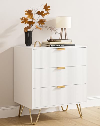 3 Drawer Dresser for Bedroom, 27.6" Modern Storage Dresser, White | Modern Chests of Drawers, Small Storage Bedroom Dresser with Gold Handles, Large Fluted Nightstand with 3 Drawers for Bedroom - color: White