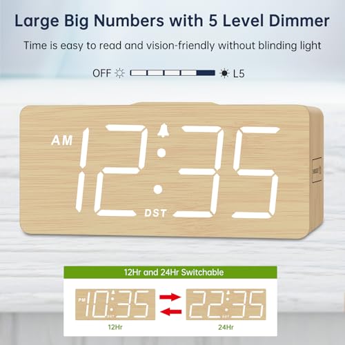 DreamSky Wooden Digital Alarm Clock with Wireless Charging for Bedroom | Bedside Nightstand Clock with Charger Station, USB Port, Large Numbers, Adjustable Volume, Brightness Dimmer, DST - color: Bamboo