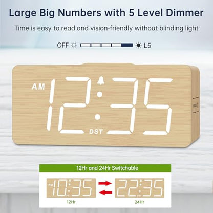 DreamSky Wooden Digital Alarm Clock with Wireless Charging for Bedroom | Bedside Nightstand Clock with Charger Station, USB Port, Large Numbers, Adjustable Volume, Brightness Dimmer, DST - color: Bamboo