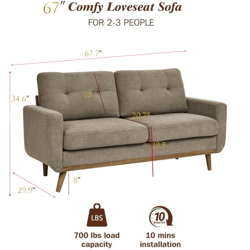 67" Khaki Loveseat Sofa, Mid Century Modern Love Seat Sofas and Comfy Couches for Living Room, Button Tufted Small Cloud Couch for Bedroom Office Apartment Small Space, Easy Assembly (Khaki) - color: Khaki
