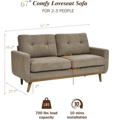 67" Khaki Loveseat Sofa, Mid Century Modern Love Seat Sofas and Comfy Couches for Living Room, Button Tufted Small Cloud Couch for Bedroom Office Apartment Small Space, Easy Assembly (Khaki) - color: Khaki