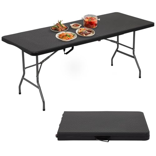 6FT Folding Table, Heavy Duty Plastic Table Portable Fold-in-Half Utility Table Indoor Outdoor Picnic Table w/Handle & Lock for Camping BBQ Party Wedding Market Events, Black Ratten - size: 6FT-Black Ratten