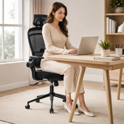 Ergonomic Office Chair, Home Office Desk Chairs with Adjustable Lumbar Support and Headrest, High Back Mesh Computer Desk Chair with 3D Flip-up Armrests & 360° Swivel Wheels, 275 LBS - color: Black With Lumbar Support