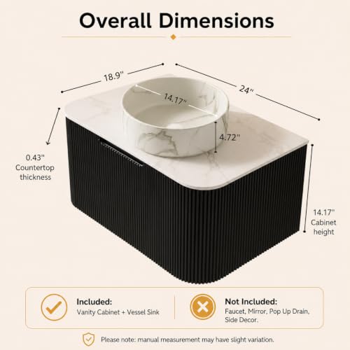 24" Floating Bathroom Vanity with Sink, Wall Mounted Plywood Cabinet, Black Fluted Front, Sintered Stone Countertop, White Marble-Look Ceramic Vessel Sink, Soft-Close Drawer, Pre-Assembled - color: Black Cabinet / White Marble Sink, size: 24 Inch