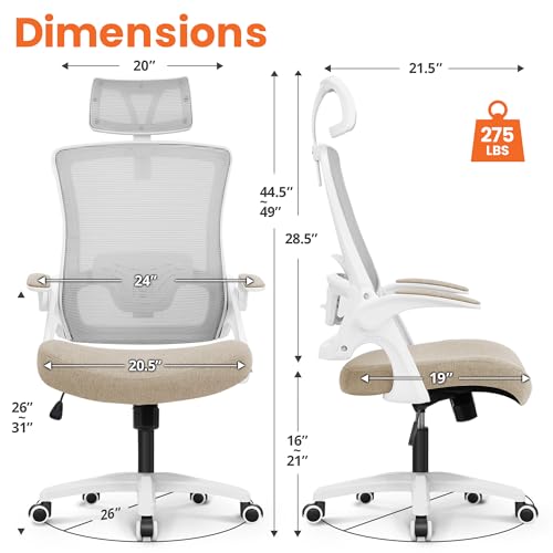 NEO CHAIR Office Desk Chair with Ergonomic High Back Mesh Headrest, Beige | Adjustable Headrest and Lumbar Support with Flip-Up Armrests Designed for Extended Sitting Comfort While Saving Space - color: Beige