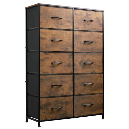 WLIVE Tall Dresser for Bedroom, Rustic Brown Wood Grain Print | 10 Drawers, Fabric Dresser for Closet, Storage Tower with Cabinet, Metal Frame - color: Rustic Brown Wood Grain Print
