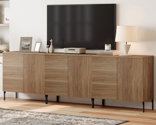 WAMPAT 3 in 1 Modern TV Stand TVs up to 100 inches,Fluted 94.5" W Entertainment Center with 6 Doors Storage and Adjustable Shelves, Wood Media TV Consoles Table with Storage for Living Room,Walnut - color: Walnut, size: 94.5" W