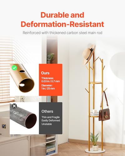 VEVOR Coat Rack, Freestanding Coat Rack Stand with Quartz Stone Base & 9 Hooks, Free Standing Hall Coat Tree for Entryway, Bedroom, Office, Living Room, Modern Clothes Hanger for Coat, Hat, Scarf, Bag - style: with Storage Board