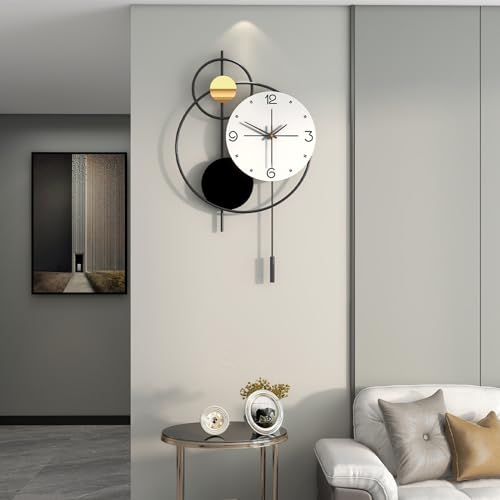 Large Modern Wall Clock for Living Room Decor 24 Inch Big Decorative Black Metal Wall Clock with Pendulum for Home Bedroom Kitchen Office Battery Operated Non Ticking Decoration Clocks Wall - style: Contemporary