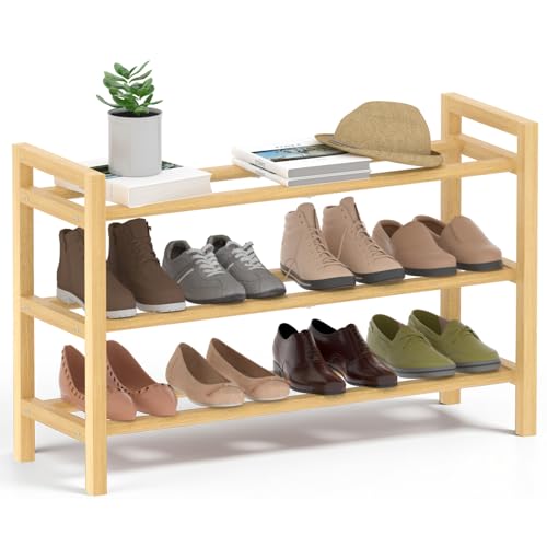 Haddockway Bamboo Shoe Rack for Closet, Free Standing Shoe Organizer with Smooth Round Rods & Convenient Handles, Stackable Shoe Storage Shelf for Entryway, Hallway(Natural, 3-Tier) - color: Natural, size: 3-Tier_Standard
