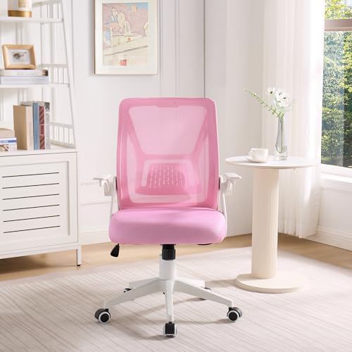VECELO Mid-Back Swivel Ergonomic Office Chair with Adjustable Arms Mesh Lumbar Support for Computer Task Work, Pink - color: Pink