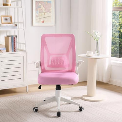 VECELO Mid-Back Swivel Ergonomic Office Chair with Adjustable Arms Mesh Lumbar Support for Computer Task Work, Pink - color: Pink