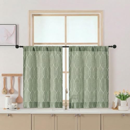 Chyhomenyc Kitchen Curtains 30 Inch Length - Light Filtering Faux Linen Half Window Curtains Over Sink, Modern 3D Wave Line Small Curtain Tiers for Bathroom Basement, 26Wx30L, 2 Pieces, Green - color: Green, size: 26"W x 30"L (Pack of 2)