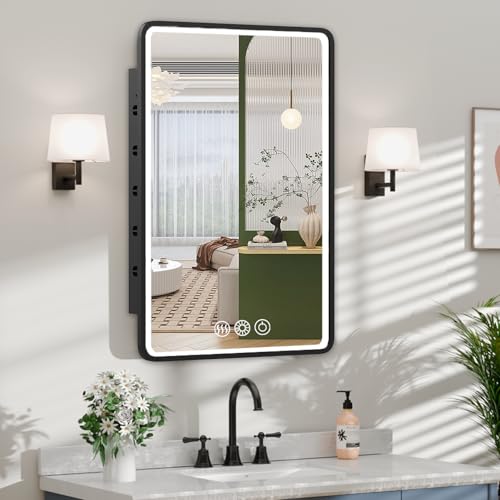 LED Medicine Cabinet Mirror for Bathroom 16x24 Inch, Recessed Medicine Cabinets with Lights, Anti-Fog Bathroom Mirror with Storage, Black Metal Frame, Adjustable Shelves, 3 Color Dimming - size: 16X24