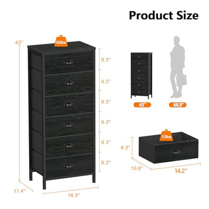 Tall Dresser with 6 Drawers,Vertical Chest of Drawers and Nightstand for Bedroom with Fabric Drawer Organizer Unit in Living Room,Closet,Entryway,Hallyway