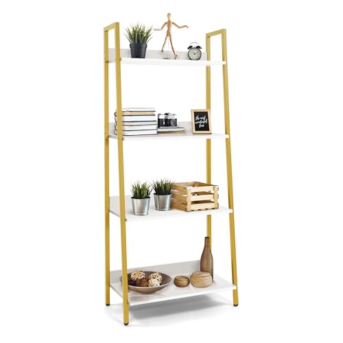 CAPHAUS 4 Tier Ladder Bookshelf, 24 Inch Width Free Standing Shelf, Bookcase Shelf Storage Rack Organizer, Industrial Book Shelves for Home Office, Living Room, Kitchen, White Shelves & Gold Frame - color: Gold, size: 4-Tier