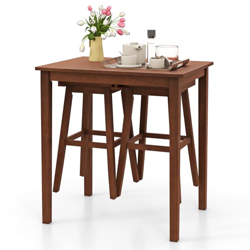 COSTWAY 3-Piece Bar Table Set, Wooden Bistro Set w/Pub Table and 2 Saddle Stools, Bar Chairs Under Counter Height Table, Space-Saving Dining Set for Breakfast Nook, Living Room, Small Space | Bar Chairs Under Counter Height Table, Space-saving Dining Set