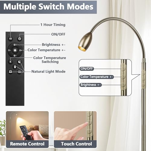Reading Floor Lamp, 72" LED Dimmable Lamp with Gooseneck,Zoomable Spotlight | Adjustable Color Beam Standing Lamp, Touch & Remote Control, Task Craft, Sewing, Bedroom Living Room, Office, Bronze - color: Bronze