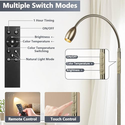 Reading Floor Lamp, 72" LED Dimmable Lamp with Gooseneck,Zoomable Spotlight | Adjustable Color Beam Standing Lamp, Touch & Remote Control, Task Craft, Sewing, Bedroom Living Room, Office, Bronze - color: Bronze