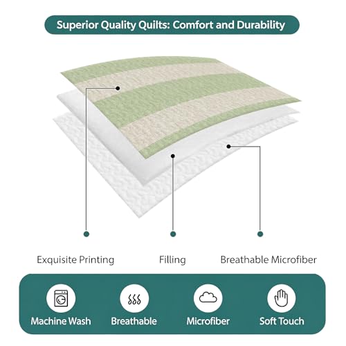 King Quilt Bedding Set, Sage Green Stripes Farmhouse Lightweight Coverlet Summer Comforter Set Soft Microfiber Bedspread, Retro Linen Texture 3 Piece Quilt Set with 2 Pillow Shams All Seasons Use - color: Green, size: 96x106in