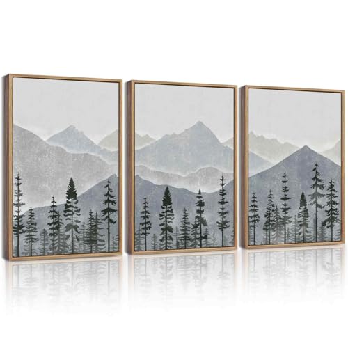 KUVIOKE Mountain Landscape Framed Wall Art Watercolor Nature Forest Painting Boho Farmhouse Rustic Room Decor for Bedroom Dining Room 12x16in (Natural Framed) - color: Blue Mountain, size: 12 x 16in x 3 Panels Natural