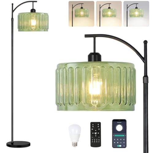 ILLMTW Black Floor Lamp for Living Room,Bedroom,Standing Lamp with Remote Dimmable Tall Lamp Vintage Retro Mid Century Modern Floor Lamps Arc Green Glass Lamp Floor Light Boho Bohemian - size: Floor Lamp-29