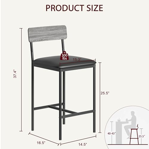 Bar Stools Set of 2, Kitchen Bar Stools with Footrest, Upholstered Bar Chairs with Back, 2 Counter Height Barstools for Counter Bar, Island - color: Grey（chair）